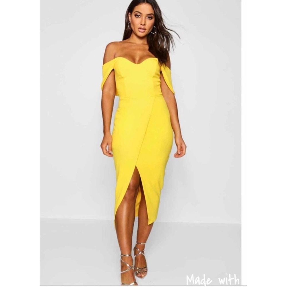 NWT Boohoo Off The Shoulder Wrap Skirt Midi Dress Yellow Size 10